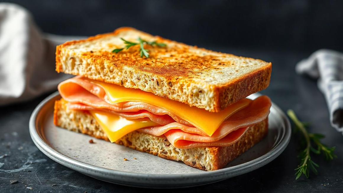 A grilled ham & cheese sandwich on the plate.