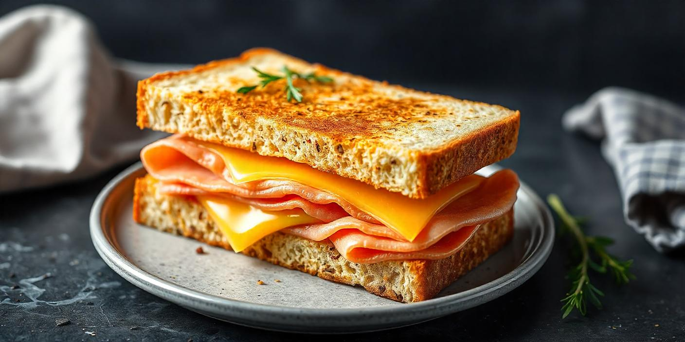 A grilled ham & cheese sandwich on the plate.