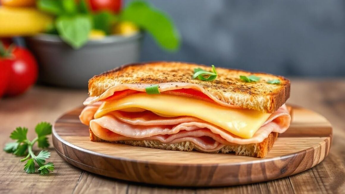 A grilled ham & cheese serve on the wooden chopping board.