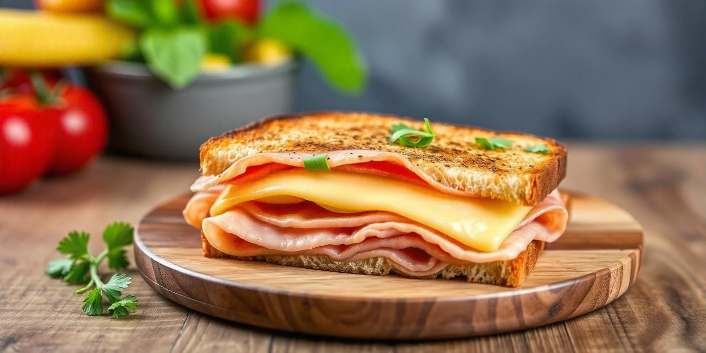 A grilled ham & cheese serve on the wooden chopping board.