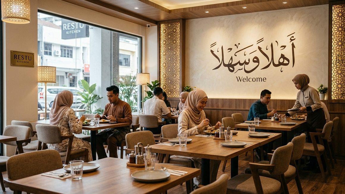 Restaurant with Islamic decorations and Arabic calligraphy, illustrating Halal compliance