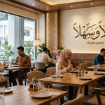 Restaurant with Islamic decorations and Arabic calligraphy, illustrating Halal compliance